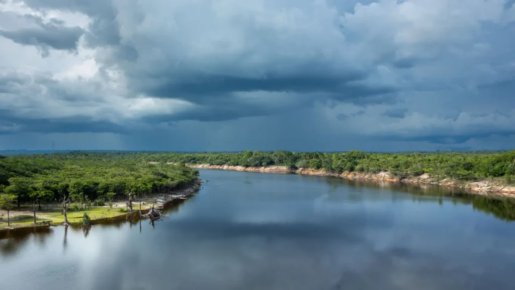Beautiful view of Urubu River, forest trees in cloudy summer day before rain and storm in Amazon Rainforest. Manaus, Amazonas, Brazil. Foto: Imago Photo - stock.adobe.com