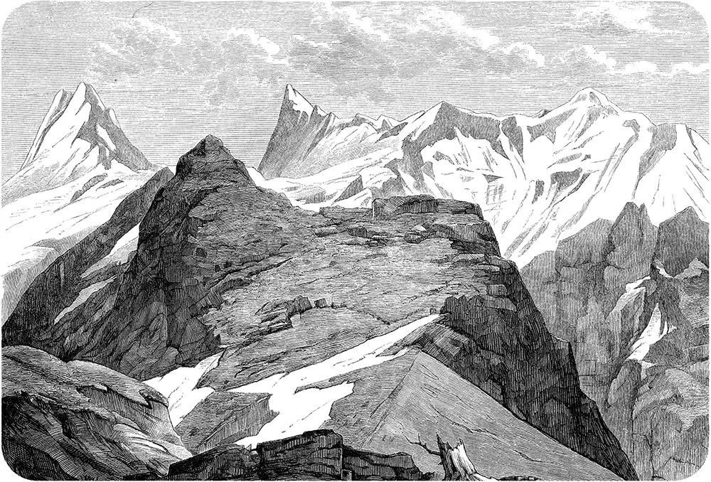Historischer Stich des Finsteraarhorn-Gletschers in den Berner Alpen. Foto: acrogame - stock.adobe.com